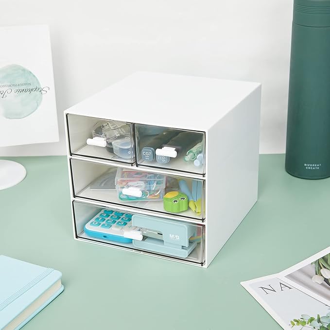 Desk Organizer with 4 Drawers, Clear Plastic Desk Storage Box, Desktop Organization for Office Supplies, Gel Pens, Pencils, Markers, Tape, Erasers, Paperclips, Chargers (White-4 Draws)