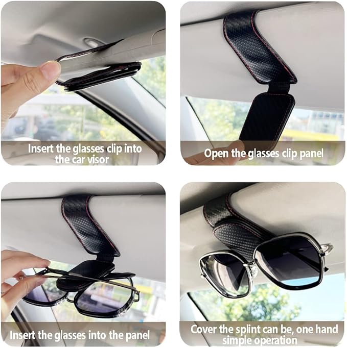 2Pcs Sunglass Holder for Car, Magnetic Leather Eyeglass Hanger Clip for Car Sun Visor, Sunglasses Holder and Ticket Card Clip for Car Visor Accessories (Carbon Fibre Black)
