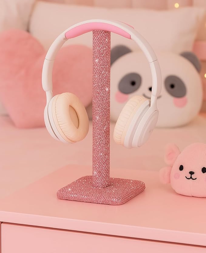 Luxury Rhinestone Headphone Stand – Cute Crystal Headset Holder for Gamer Girl Desk Setup – Bling Kawaii Desk Accessories with Soft Headrest – Aesthetic Gift for Daughter & Girlfriend (Pink)
