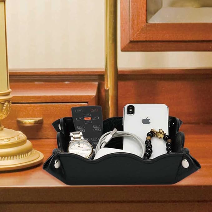 Valet Tray for Men Women - PU Leather Travel Catchall Tray Organizer - Desk Bedside Nightstand Storage Box for Jewelry Key Phone Remote Controller Wallet Watch Glasses Coin Readers -Black