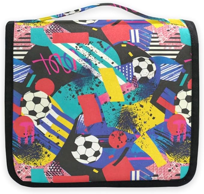 Hanging Travel Toiletry Bag Kit Boys Makeup Case Cosmetics Organizer for Men Women (Inspired Soccer Bright Colors)