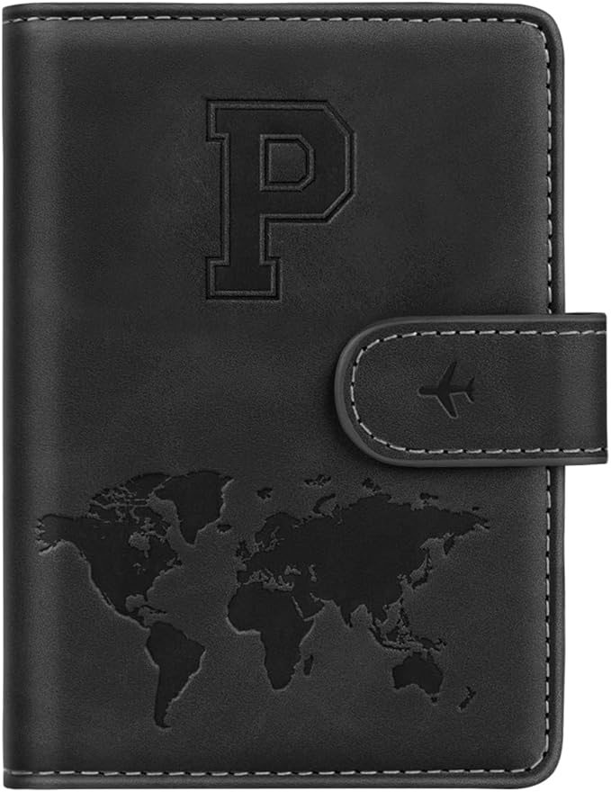 Passport Holder Cover Personalized Initial Letter A-Z Travel Wallet RFID Blocking Passport Cover Passport Book Holders for Women and Men, Black-P