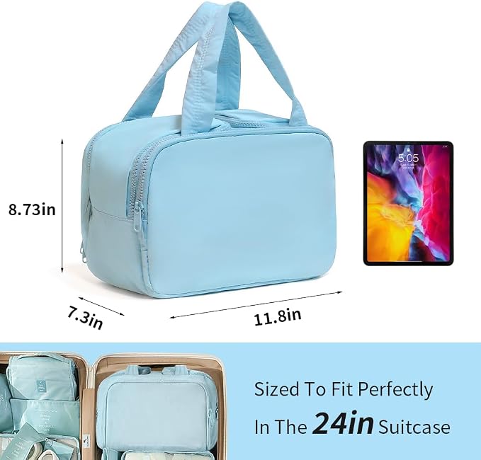 Puffer Travel Toiletry Bag – Large Capacity 11.8”L Makeup Organizer, 4 Compartments, Waterproof Wet/Dry Separation, Ultra-Light Taslan Fabric – Ideal for Business Trips, Gym, Family Vacation, Camping