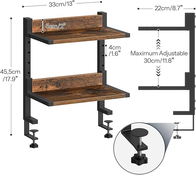 HOOBRO Clamp On Desk Shelf, 2-Tier Desktop Organizer, Space-Saving Desk Shelf with Adjustable Shelves, for Office, Study, Entertainment Accessories, Rustic Brown and Black BF32SJ01