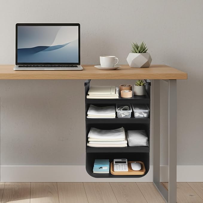 Under Desk Storage, Under Desk Shelf, 4-Tier Adjustable Storage Shelf with Sturdy Metal Frame, Space Saving Open Organizer for Home Office, Study Room, Living Room