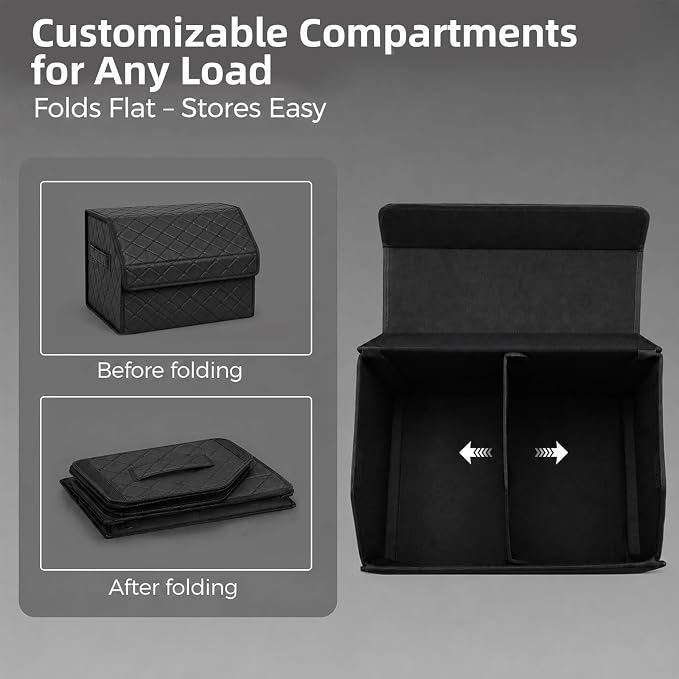 Leather Car Trunk Organizer with Lid,65L Foldable Storage Box for Universal Cars, SUVs, Sedans and MPVs, Removable Divider, Carry Handles, Black