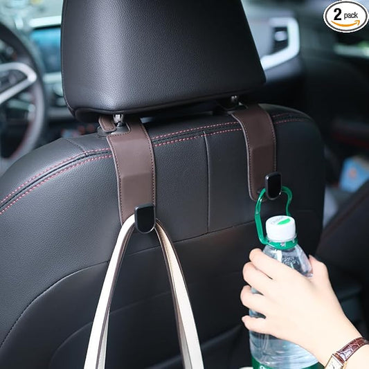 JEYODA Flexible PU Vehicle Storage Hanger, Multifunctional Headrest Hooks for Purses, Bags and Car, Home (Brown)