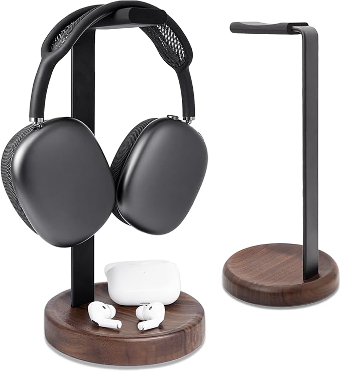 GEVO Headphone Stand for Desk - Walnut Wood & Aluminum Headset Stand, Universal Wooden Gaming Headphone Holder for AirPod Max, Bose, Sony, Razer, Jabra, JBL (Walnut Circular Base)