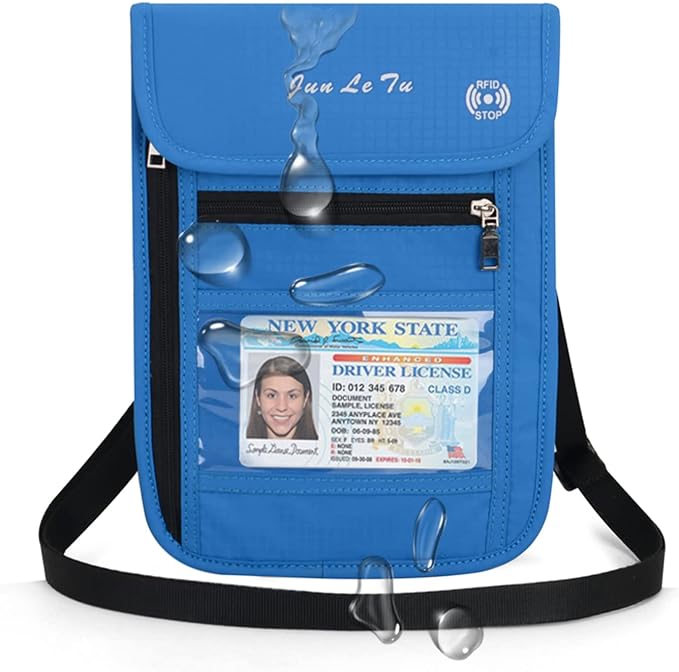 Passport Holder for Travel, RFID Passport Wallet with Visual Window Design, Multifunctional Document Organizer, Waterproof Travel Pouch Neck Wallet for Men and Women, Blue