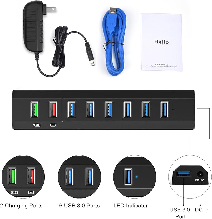 RAOYI Powered USB 3.0 Hub, 8 Ports High Speed USB 3.0 Hub Splitter with 36W Power Adapter, 3.3ft Cable and Smart Fast Charger USB Hub for Laptop, PC, Mobile HDD, Mulitple Devices (Black)