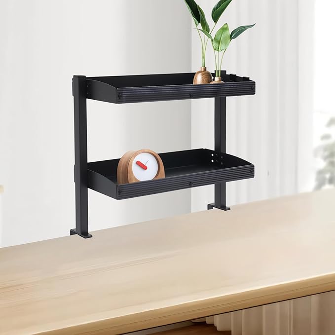 2-Tier Clamp-on Desk Shelving Unit, Adjustable Metal Storage Tray Desk Shelf, Space-Saving Desktop Organizer for Gaming Devices, Office Supplies and Dresser Top Storage, Ideal for Office, Study