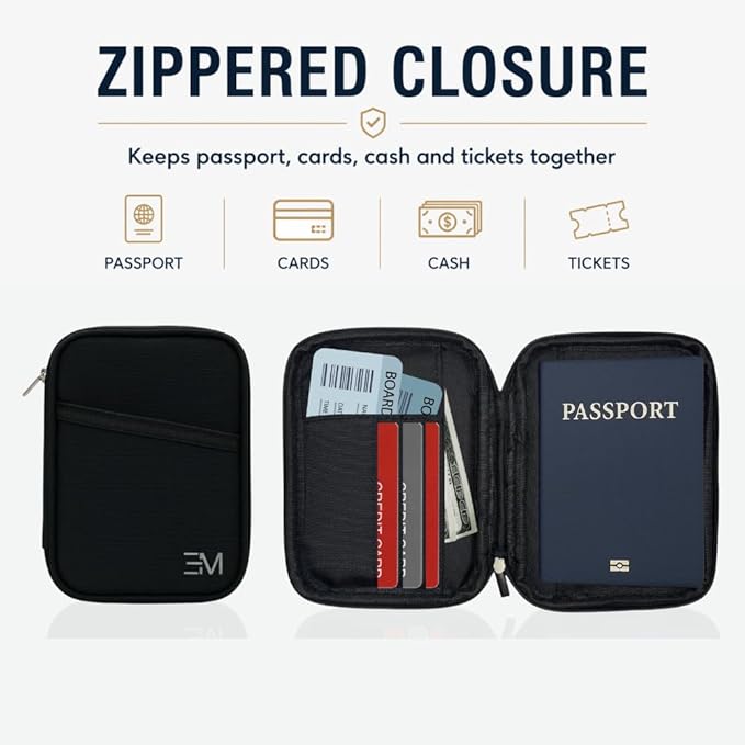 EM RFID Passport Holder with Zipper, Travel Wallet, AirTag Card Case, Black | Ideal for 1 passport, cards, cash, ID and boarding pass. Measures 4.7 L x 0.8 D x 6.1 H in with discreet AirTag card pocket