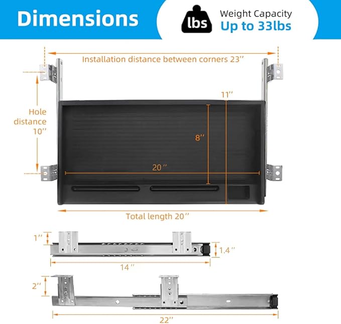 TOOCUST Under Desk Keyboard Tray, 20" Wx11"D Sturdy Key Board Tray Under Desk Slide with Pen Tray, Desk Extender with Pen Holder,Black