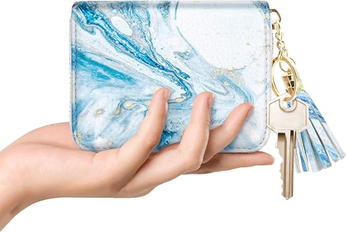 Coco Rossi Leather Credit Card Wallet for Women, RFID Blocking Zipper Cards Holder with Tassel, Blue Marble