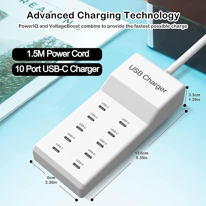 USB C Charger, 10 Ports USB Charging Station, 50W Multi-Port USBC Charger, USBC Desktop Multiple Charger for iPhone 16/15/14/13/12/iPad/Samsung S24/S23/Ultra/Z Flod/Watch/Headphones