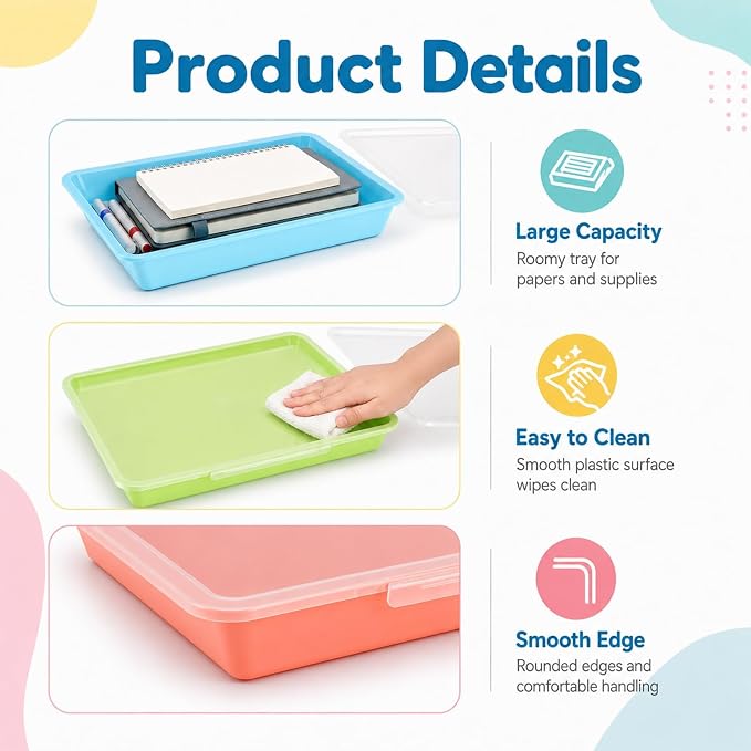 12 Pack Flat Storage Paper Tray with Clear Latching Lid Letter Size Organizer Bin Tray Plastic Latching File Organizer for Classroom Library School Office Teacher Desktop Book Organization (Pastel)