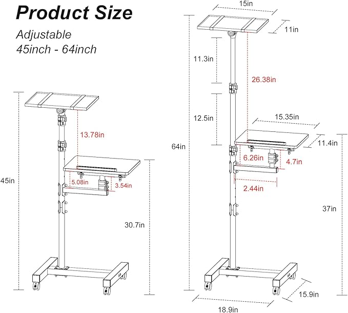 2 Shelves Projector Stand Tripod, Height Adjustable Max 64", Mobile Laptop Cart on Wheels Projector Tripod Stand, Overbed Table with Wheels, Rolling Laptop Floor Stand for Couch