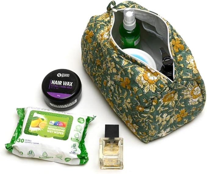 Cotton Hand Block Floral Print Toiletry Bag For Women Make Up Cosmetic Bag Jewelry Organizer Kit Storage Bag Case Travel Accessories Essentials Toiletries Purse Open Pouch, Green (9.25"x 6.88"x 4.5")