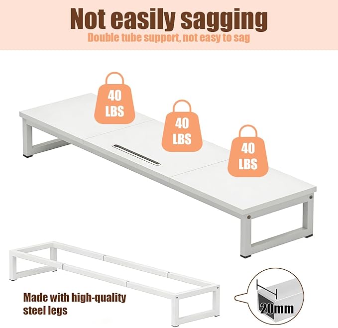 Dual Monitor Stand Riser, 38.7'' Long Wood and Steel Monitor Stand for 2 Monitors, Ergonomic Desktop Organizer with Tablet Stand for Computer,Laptop,TV (White)