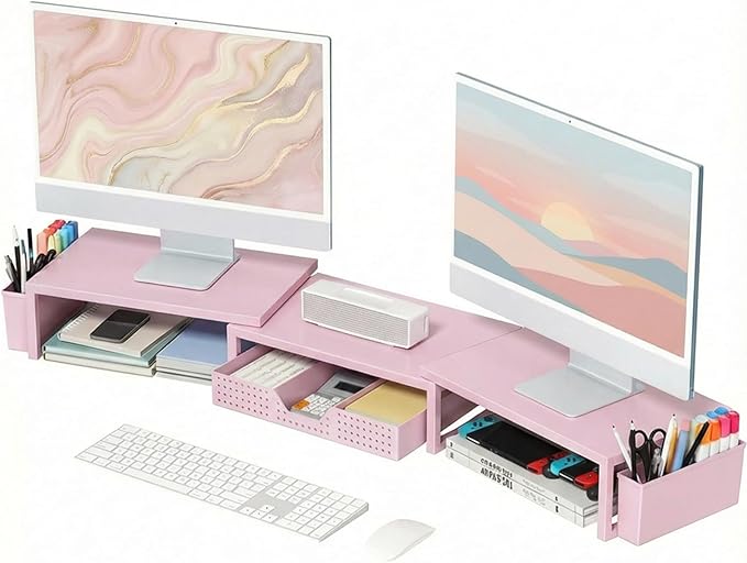 OPNICE Desk Organizers and Accessories, Dual Monitor Stand Riser with Drawer and 2 Pen Holders, Desk Shelf Metal Computer Racks for Office Workspace Organizers, Desktop Organization (Pink Metal)