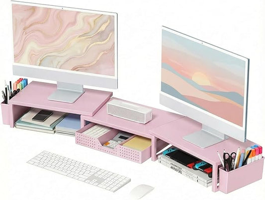 OPNICE Desk Organizers and Accessories, Dual Monitor Stand Riser with Drawer and 2 Pen Holders, Desk Shelf Metal Computer Racks for Office Workspace Organizers, Desktop Organization (Pink Metal)
