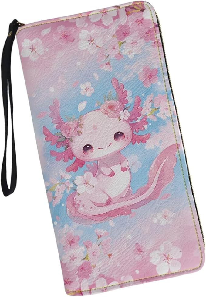 Bulopur Axolotl Wristlet Wallet for Women Cherry Blossom Clutch Purse PU Leather Zipper Credit Card Wallet Coin Cash Holder Ladies Handbags Gifts for Mom Girlfriend