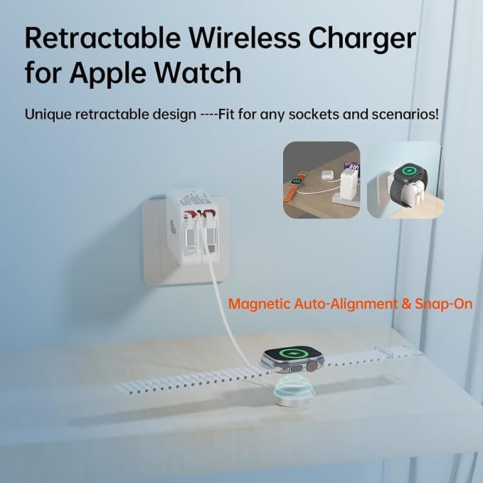 Retractable Apple Watch Charger, 5 in 1 Wall Charger with 3 Retractable Cables for Older iPhones & USB-C Devices, 35W Foldable Charger Block for iPhone 17/16/15/14, iPad, AirPods