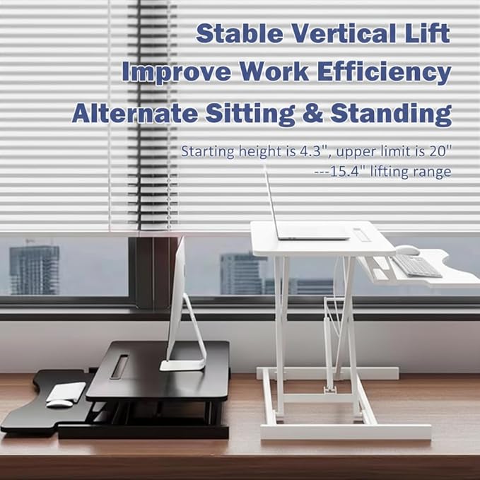 32 Inch Height Adjustable Stand Up Desk Riser, Heavy Duty Computer Workstation with Removable Keyboard Tray - Ergonomic Design for Home Office Workshop Gaming, Spacious Platform(White)