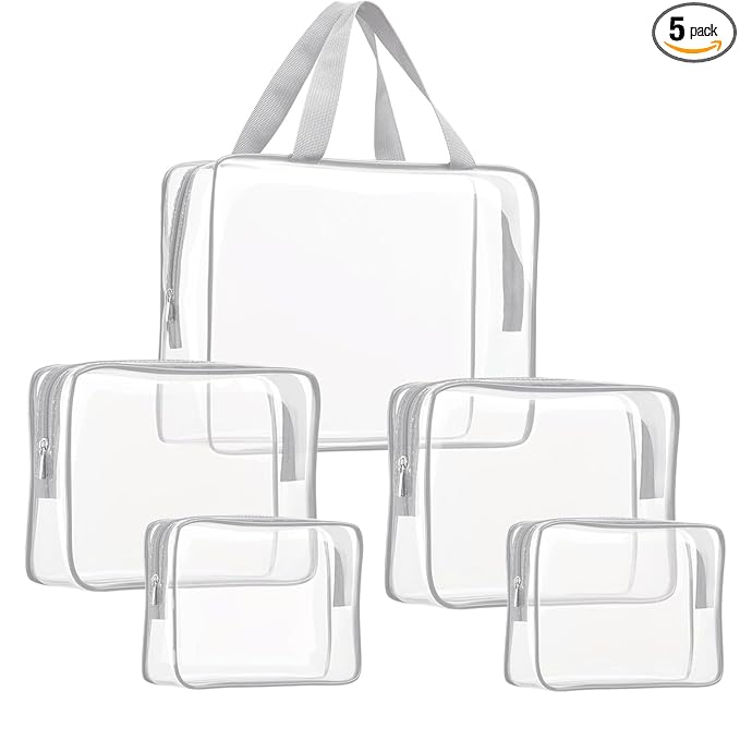 5Pcs Crystal Clear PVC Travel Toiletry Bag Kit for Women Men, Waterproof Vinyl Packing Organizer Storage Bags with Zipper Handle Straps, Cosmetic Pouch Carry on Airport Airline Compliant Bag Handbag
