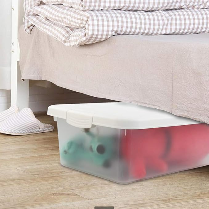 14 Quart Clear Storage Box, Underbed Plastic Latch Box with White Lids, 2-Pack