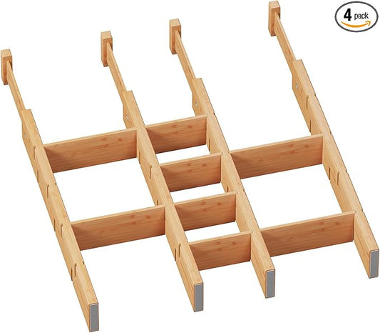 Bamboo Drawer Dividers with Inserts, Kitchen Adjustable Drawer Organizers, Expandable Organization for Home, Dressers, 4 Dividers with 8 Inserts