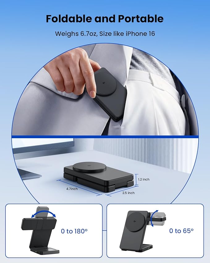 Magnetic Wireless Charging Station for Apple: Upgraded Qi2 Certified 15W 3-in-1 Magsafe Wireless Charger Stand, Foldable Travel Fast Charger for iPhone 17 16 15 14 13 12 Series, Apple Watch, AirPods
