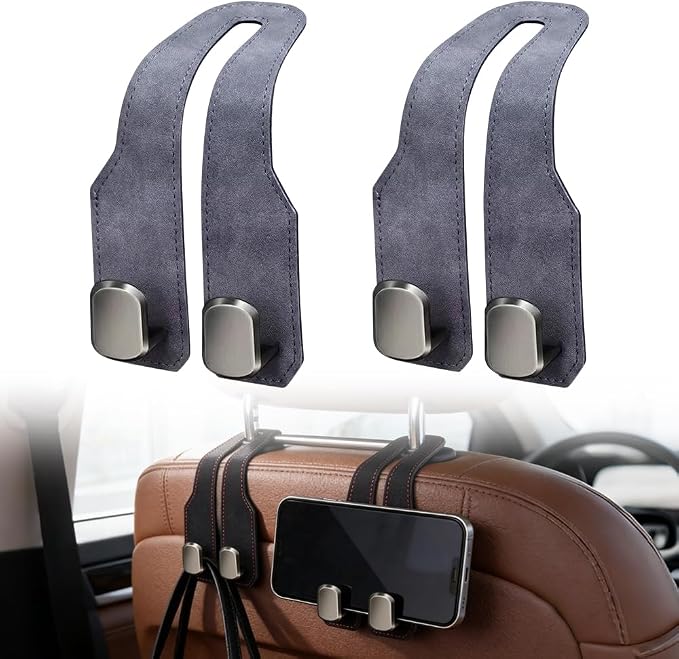 Car Seat Back Storage Hook, 2026 New Car Seat Headrest Hook for Purses and Bags, Leather Car Seat Back Storage Hooks, Car Seat Hangers Organization Accessories (Grey 2pcs)