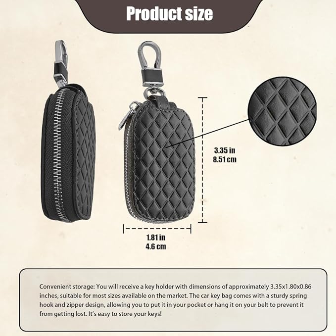 Key Fob Cover with Keychain, Key Fob Holder, Anti-Scratch Bag with Zipper, Leather Keychain Case Holder Fit Remote Key (Black)