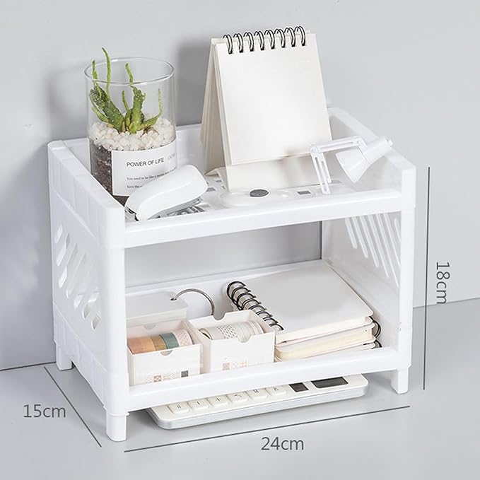 Pissente Desktop Storage Shelf, Plastic Double Layer Desktop Storage Rack Multifunctional Practical Desktop Organizer for Home Office Desk Living Room Bedroom Desk Storage, White