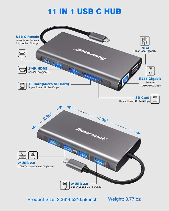 Hiearcool USB-C Docking Station for Laptop, Triple Display Dock with 4K HDMI & 1080p VGA, 11-in-1 USB-C Dock with Ethernet, 100W Charging for Home Office