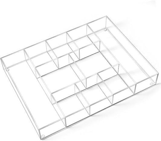 Large Acrylic Desk Deep Drawer Organizer with Adjustable Dividers, Anti-skip Clear Desk Top Junk Drawer Storage Tray for Pens, Desktop, Office, Bathroom, Kitchen, Makeup Supplies(10 Compartments)