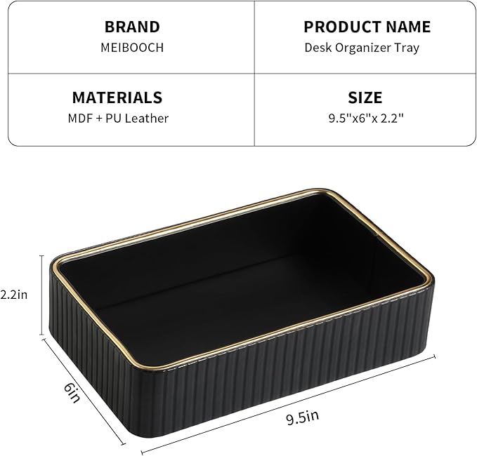 Desk Organizer Tray, PU Leather Nightstand Organizer Perfume Valet Tray for Men Women, Decorative Vanity Trays Trinket Dish Key Bowl for Entryway Table (Black, Small)