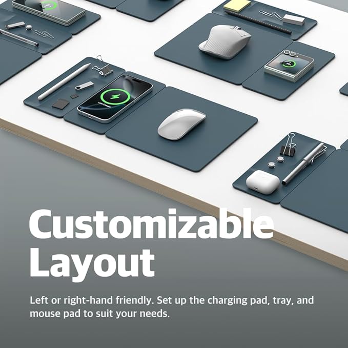 POUT H3 Split Max 3-in-1 Wireless Charging Mouse Pad ??Fast Qi Charger, Mousepad Mat, and Magnetic Tray Organizer ??Compatible with Smartphones and Earbuds (Aqua Blue)