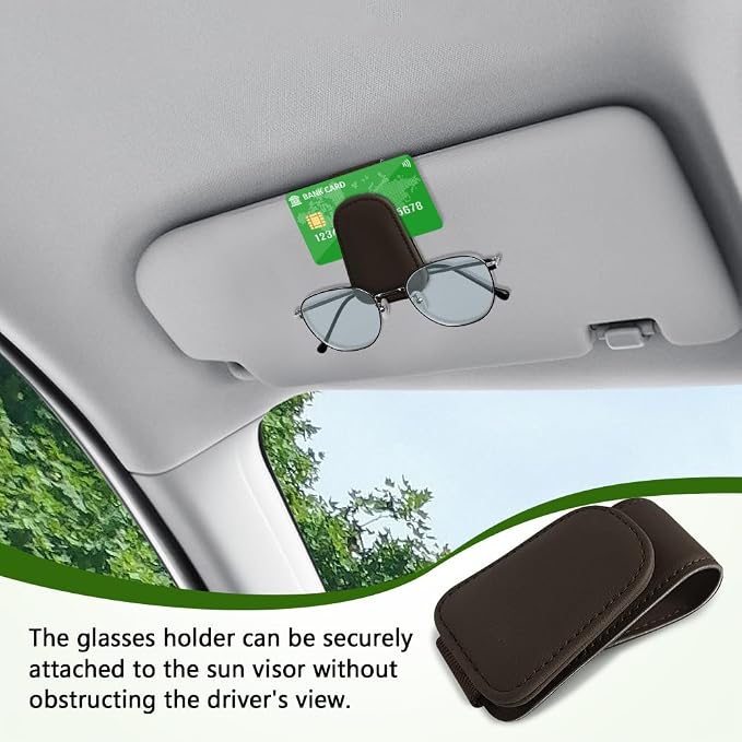Sunglass Holder for Car, Sunglasses Clip for Car Visor, Magnetic Leather Vehicle Eyeglass Hanger Clip, Auto Ticket Card Glasses Organizer Clamp Accessories for SUV Sedan (Brown)