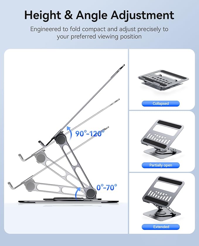 ORICO Adjustable Laptop Stand for Desk, 360° Rotating Base, Foldable Aluminum Alloy Computer Stand with Ventilated Design, Compatible with MacBook Air/Pro, Dell, XPS, HP up to 17'' - ST12, Gray