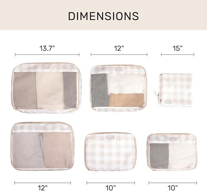 Jadyn Packing Cubes for Travel, 6-Piece Large Packing Cube Organizer Set for Suitcase, Duffel Bag, Luggage, Multiple Sizes Travel Essentials (Beige Gingham)