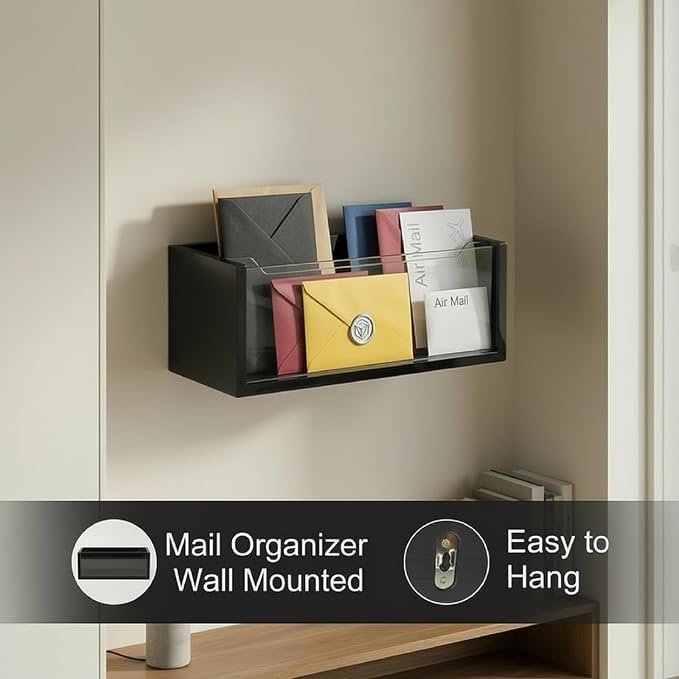 Mail Organizer with Clear Acrylic Dividers - Adjustable 2-in-1 Desk & Wall Mount Letter Holder, Modern Paper Sorter for Home Office Organization (Black)