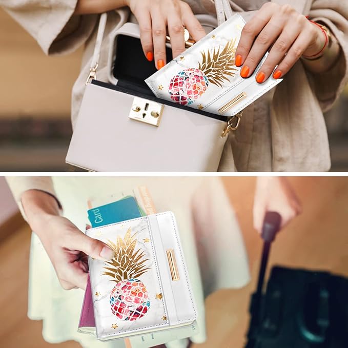 Passport Holder Cover,Traveling Passport Case Cute Passport Wallet for Women,Gold Pineapple