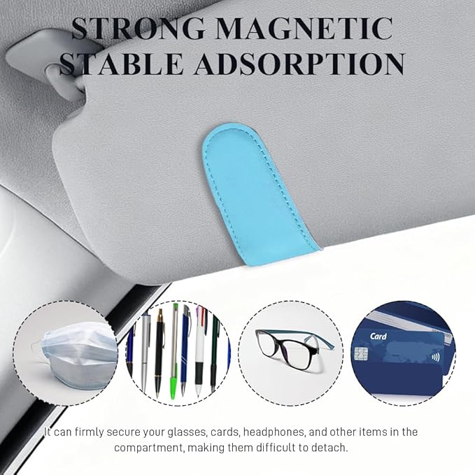 Magnetic Sunglass Holder for Car Visor, Sunglasses Visor Clip, Magnetic Leather Vehicle Glasses Ticket Card Clip, Automotive Eyeglass Hanger Organizer Accessories for Most Vehicles (Blue)