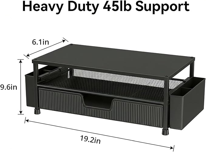 ECOLOVI Desk Organizer and Accessories, 2-Tier Computer Monitor Stand Rise with Storage Drawer & 2 Pen Holders, Laptop & Printer Stand for Desktop, Workspace Organizers for Office Supplies (Black 2-Pack))