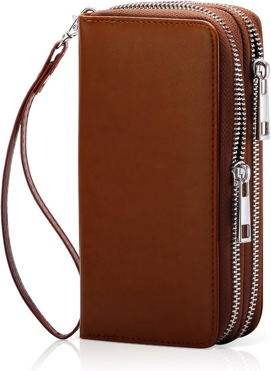 Cellphone Wallet for Women Dual Zipper Long Purse with Removable Wristlet