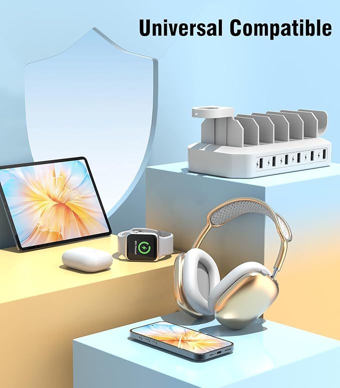 𝟐𝟎𝟐𝟓 𝐔𝐩𝐠𝐫𝐚𝐝𝐞𝐝 Charging Station for Multiple Devices【Tested Safer & Efficient Charging】 6-Port USB Charging Dock Compatible with iPhone/Android/MacBook/Tablet/Kindle & Other Electronic