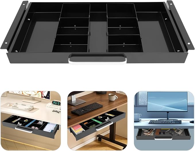 Under Desk Pull-out Drawer with Adjustable Divider for Storing Pencil and Office Accessories Under Desk Mounted Tray Organizer for Sit Stand Workstation, 21.5x10.2x2.1in