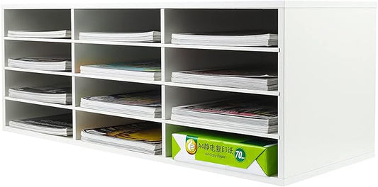 PAG Mail Sorter, Wood Countertop Literature Organizer, Student Mailbox for Classroom, Desktop Bill Paper Organizer for Office Home School, 12 Compartments, White